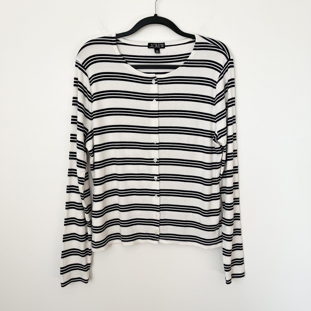 J.Crew‎ Fine Rib Knit Cardigan White Black Stripe Womens XXL Cotton Modal